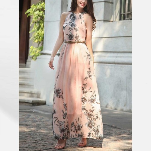 Summer Chiffon Hanging Neck Floral Print Casual Dress - Pink image
