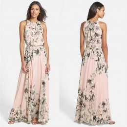 Summer Chiffon Hanging Neck Floral Print Casual Dress - Pink