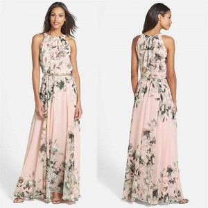 Summer Chiffon Hanging Neck Floral Print Casual Dress - Pink