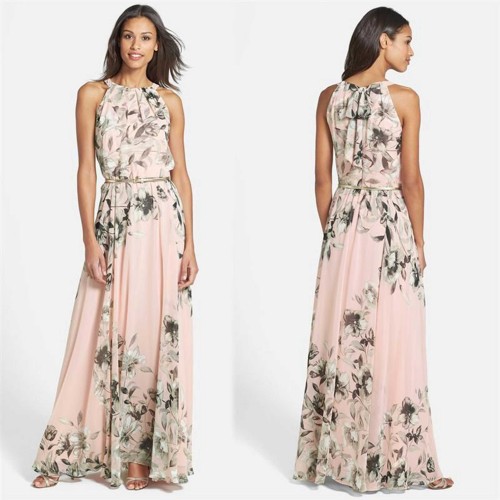 Summer Chiffon Hanging Neck Floral Print Casual Dress - Pink image