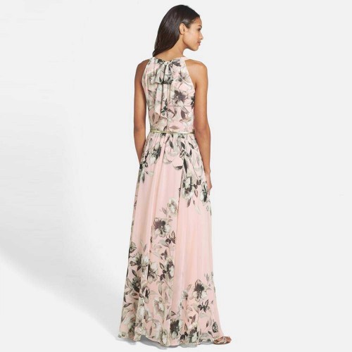 Summer Chiffon Hanging Neck Floral Print Casual Dress - Pink image