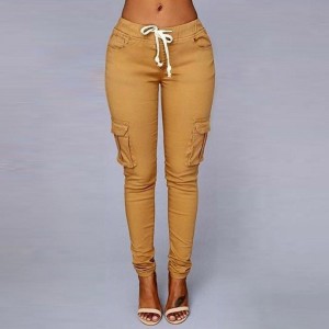 Women's Pocket Drawstring Tie Casual Pencil Elastic Pants - Yellow
