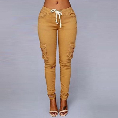 Women's Pocket Drawstring Tie Casual Pencil Elastic Pants - Yellow image