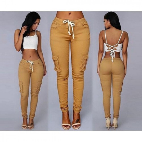 Women's Pocket Drawstring Tie Casual Pencil Elastic Pants - Yellow image