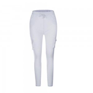 Women's Pocket Drawstring Tie Casual Pencil Elastic Pants - White