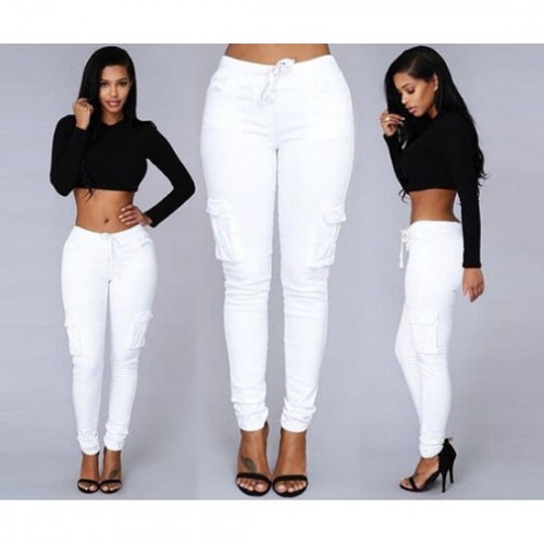 Women's Pocket Drawstring Tie Casual Pencil Elastic Pants - White image