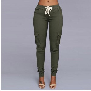 Women's Pocket Drawstring Tie Casual Pencil Elastic Pants - Green