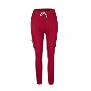 Women's Pocket Drawstring Tie Casual Pencil Elastic Pants - Red