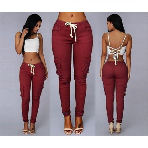 Women's Pocket Drawstring Tie Casual Pencil Elastic Pants - Red image