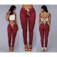 Women's Pocket Drawstring Tie Casual Pencil Elastic Pants - Red image