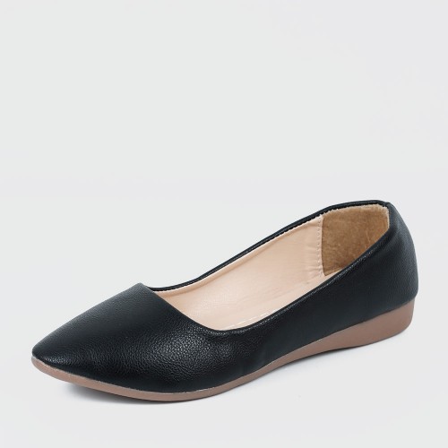 Professional Ladies Soft Leather Shallow Mouth Flat Shoes - Black image