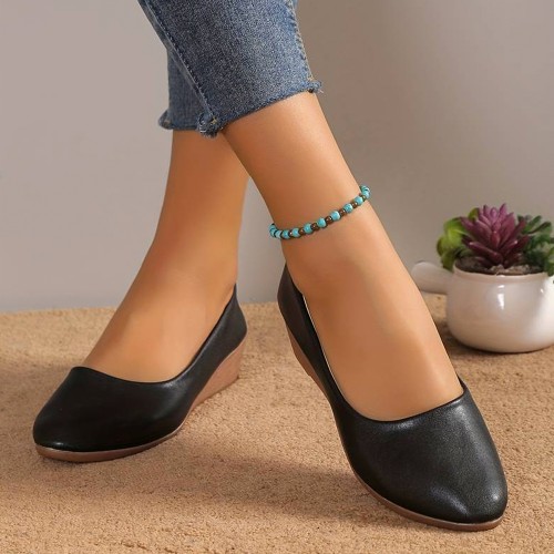 Professional Ladies Soft Leather Shallow Mouth Flat Shoes - Black image