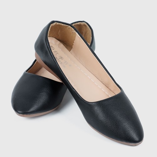 Professional Ladies Soft Leather Shallow Mouth Flat Shoes - Black image