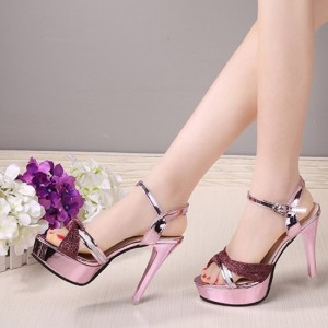 Cross Border Open Toe Shining Leather Heels Sandals - Pink