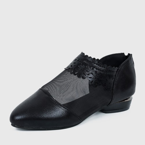 Hollow Bottom Lace with Net Breathable Flat Shoes - Black image