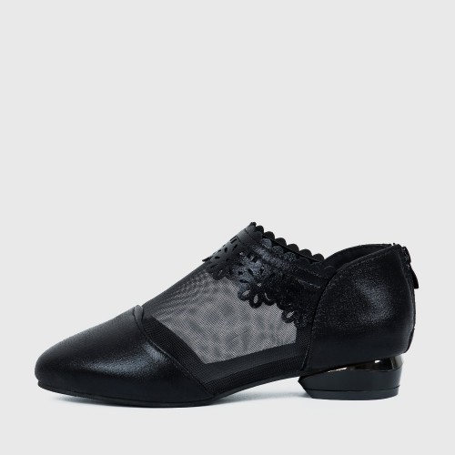 Hollow Bottom Lace with Net Breathable Flat Shoes - Black image