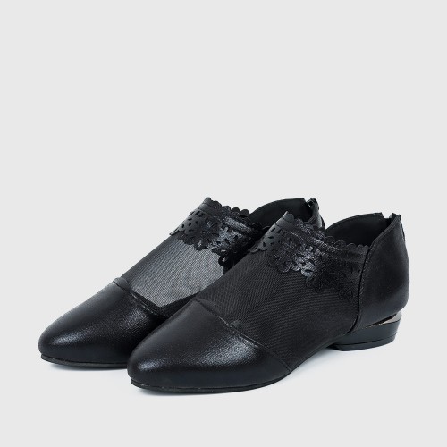 Hollow Bottom Lace with Net Breathable Flat Shoes - Black image