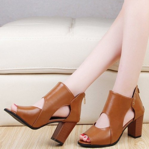 Roman Soft Leather High Heels Sandal-Brown image