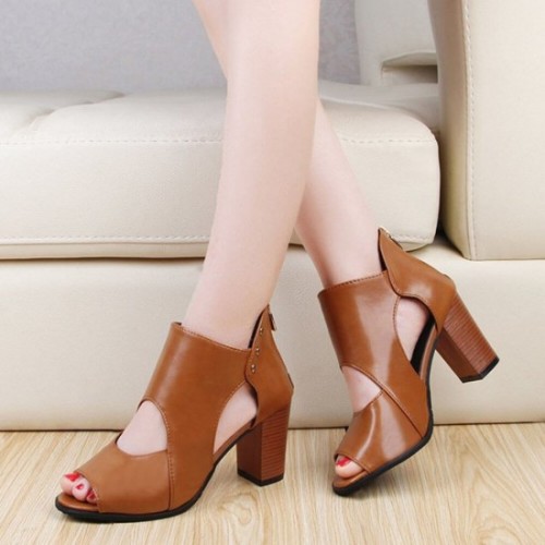 Roman Soft Leather High Heels Sandal-Brown image