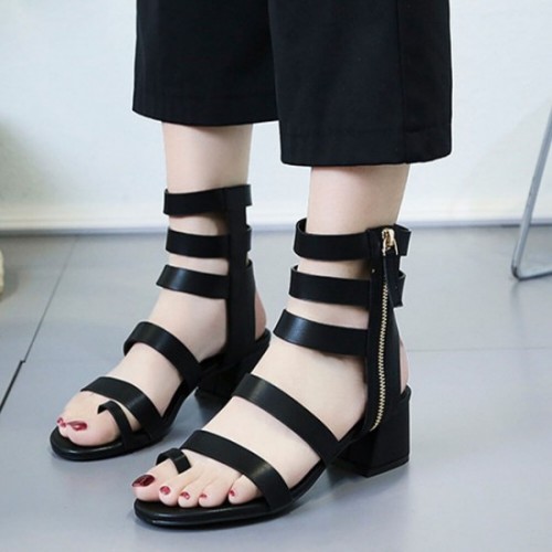 Roman Fashion Thick Bottom Retro Leather Shoes - Black image