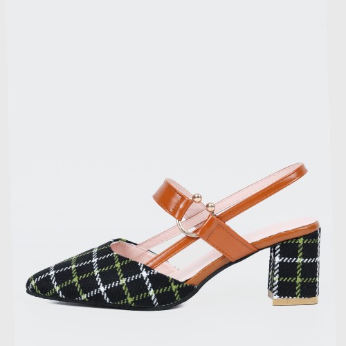 Women's Chunky Block Heels Pointed Toe Buckle Shoes - Black image