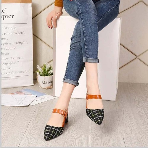 Women's Chunky Block Heels Pointed Toe Buckle Shoes - Black image