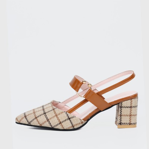 Women's Chunky Block Heels Pointed Toe Buckle Shoes - Brown image