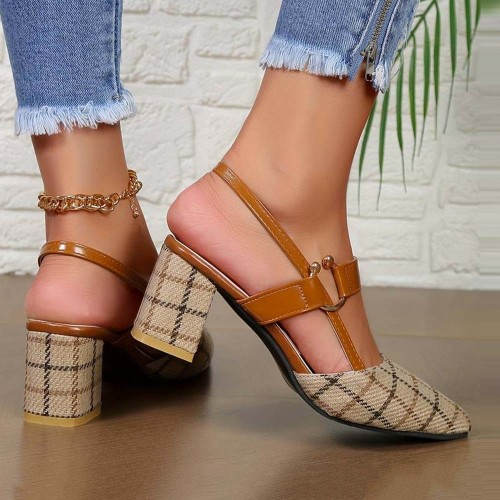 Women's Chunky Block Heels Pointed Toe Buckle Shoes - Brown image