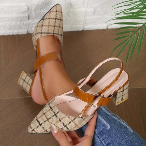 Women's Chunky Block Heels Pointed Toe Buckle Shoes - Brown image