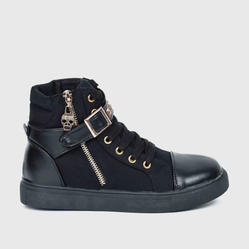 Canvas Fashion Casual Zipper Women Sneaker - Black image