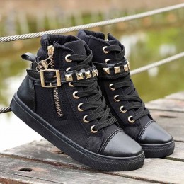 Canvas Fashion Casual Zipper Women Sneaker - Black