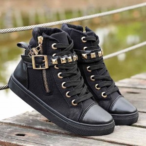 Canvas Fashion Casual Zipper Women Sneaker - Black