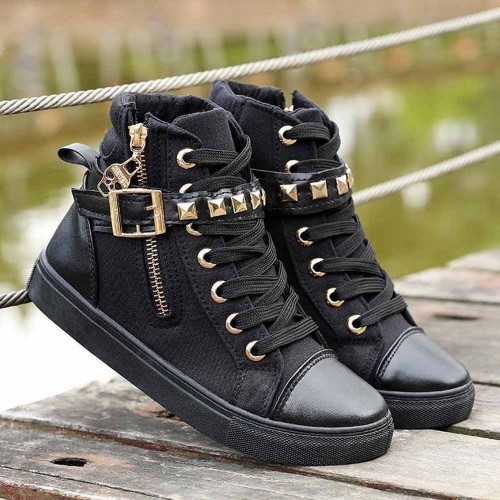 Canvas Fashion Casual Zipper Women Sneaker - Black image