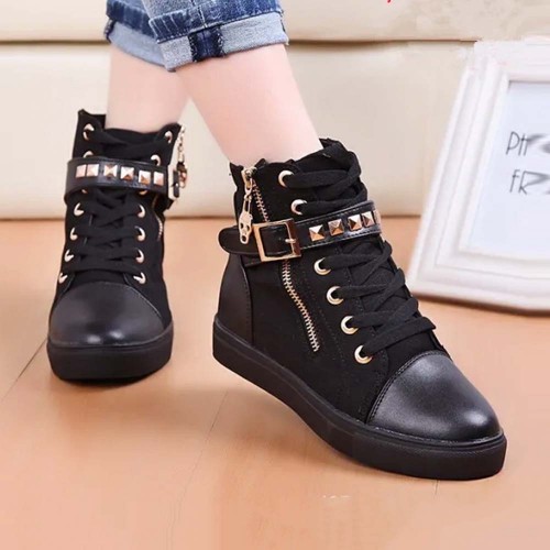 Canvas Fashion Casual Zipper Women Sneaker - Black image