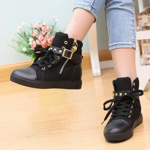 Canvas Fashion Casual Zipper Women Sneaker - Black image