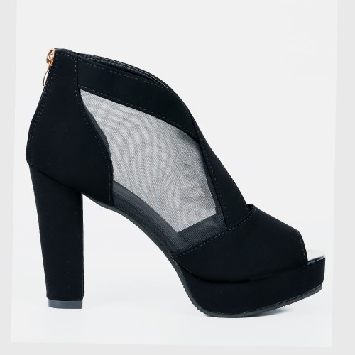 High Heeled Fish Mouth Mesh Women Sandal Shoes - Black image