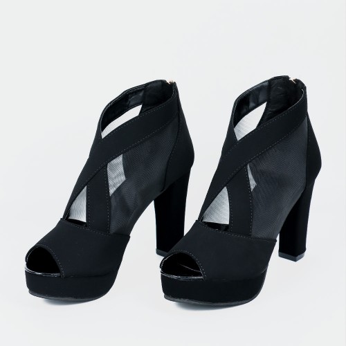 High Heeled Fish Mouth Mesh Women Sandal Shoes - Black image