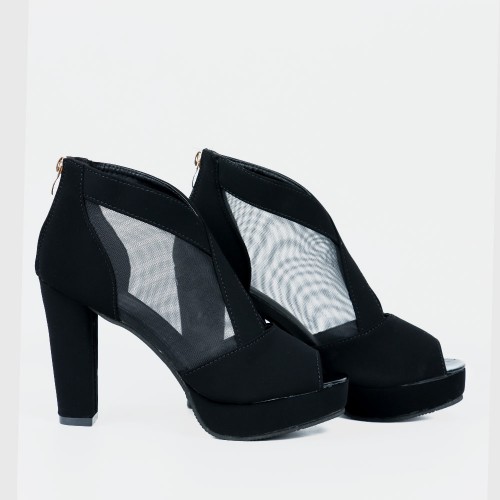 High Heeled Fish Mouth Mesh Women Sandal Shoes - Black image