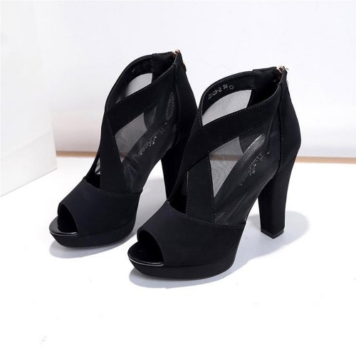 High Heeled Fish Mouth Mesh Women Sandal Shoes - Black image