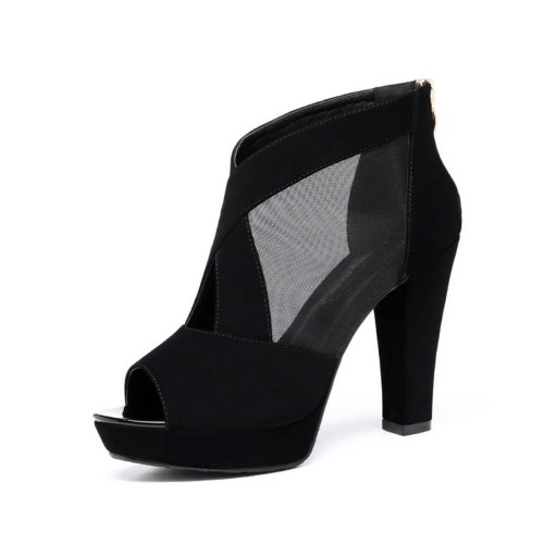 High Heeled Fish Mouth Mesh Women Sandal Shoes - Black image