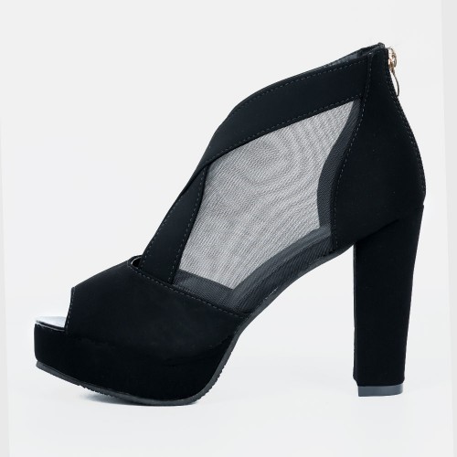 High Heeled Fish Mouth Mesh Women Sandal Shoes - Black image