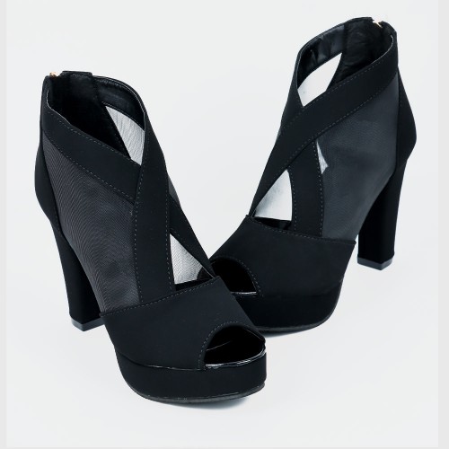 High Heeled Fish Mouth Mesh Women Sandal Shoes - Black image