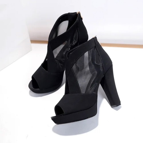 High Heeled Fish Mouth Mesh Women Sandal Shoes - Black image
