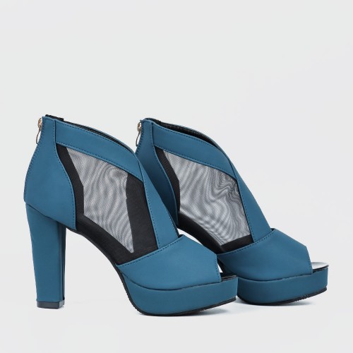 High Heeled Fish Mouth Mesh Women Sandal Shoes - Blue image