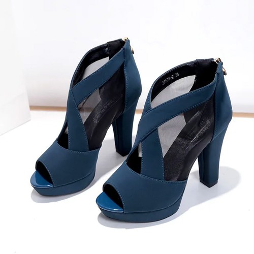 High Heeled Fish Mouth Mesh Women Sandal Shoes - Blue image