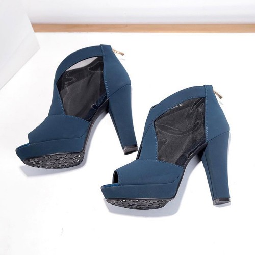 High Heeled Fish Mouth Mesh Women Sandal Shoes - Blue image
