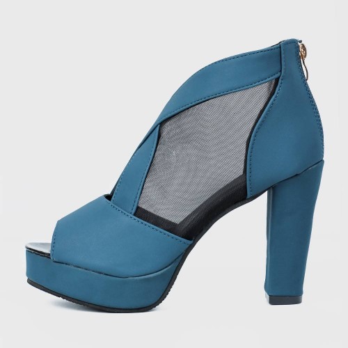 High Heeled Fish Mouth Mesh Women Sandal Shoes - Blue image