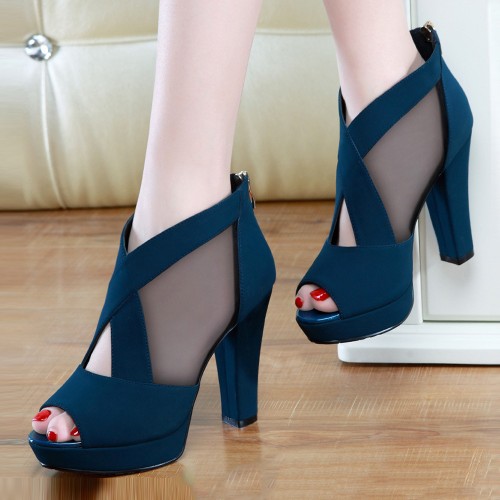 High Heeled Fish Mouth Mesh Women Sandal Shoes - Blue image