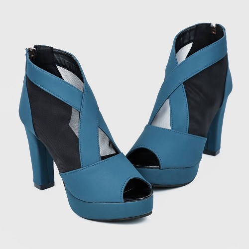 High Heeled Fish Mouth Mesh Women Sandal Shoes - Blue image