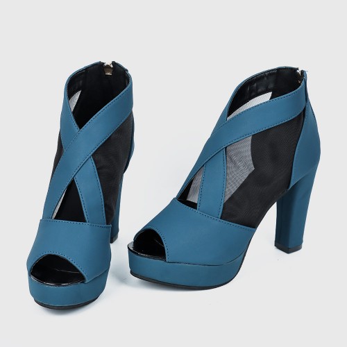 High Heeled Fish Mouth Mesh Women Sandal Shoes - Blue image